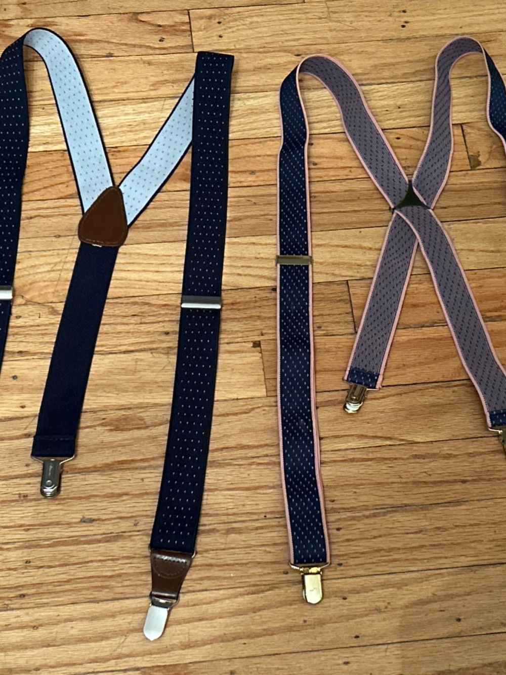 Suspenders (2) Navy/White Polka Dot Y-Back & Navy/Pink Polka Dots X-Back Vintage